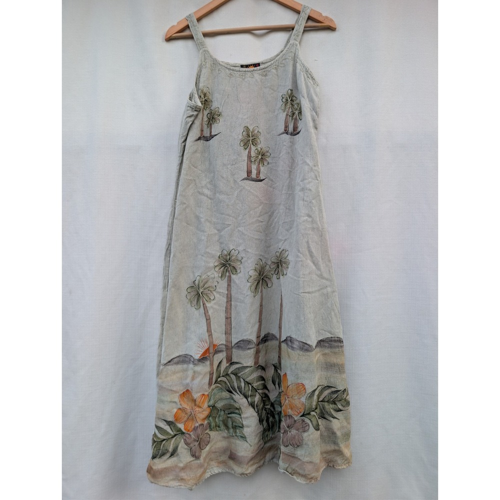 Raya Sun Womens Gray Tropical Palm Tree Embroidered Cotton Rayon Midi Dress M